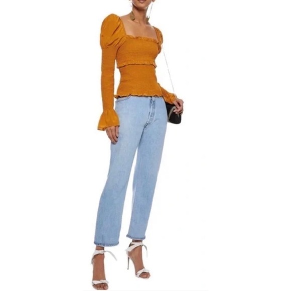 EUC Cinq a Sept 100% Silk Ellis Puff Shoulder Smocked Marigold Yellow Blouse XS‍ - Picture 11 of 11